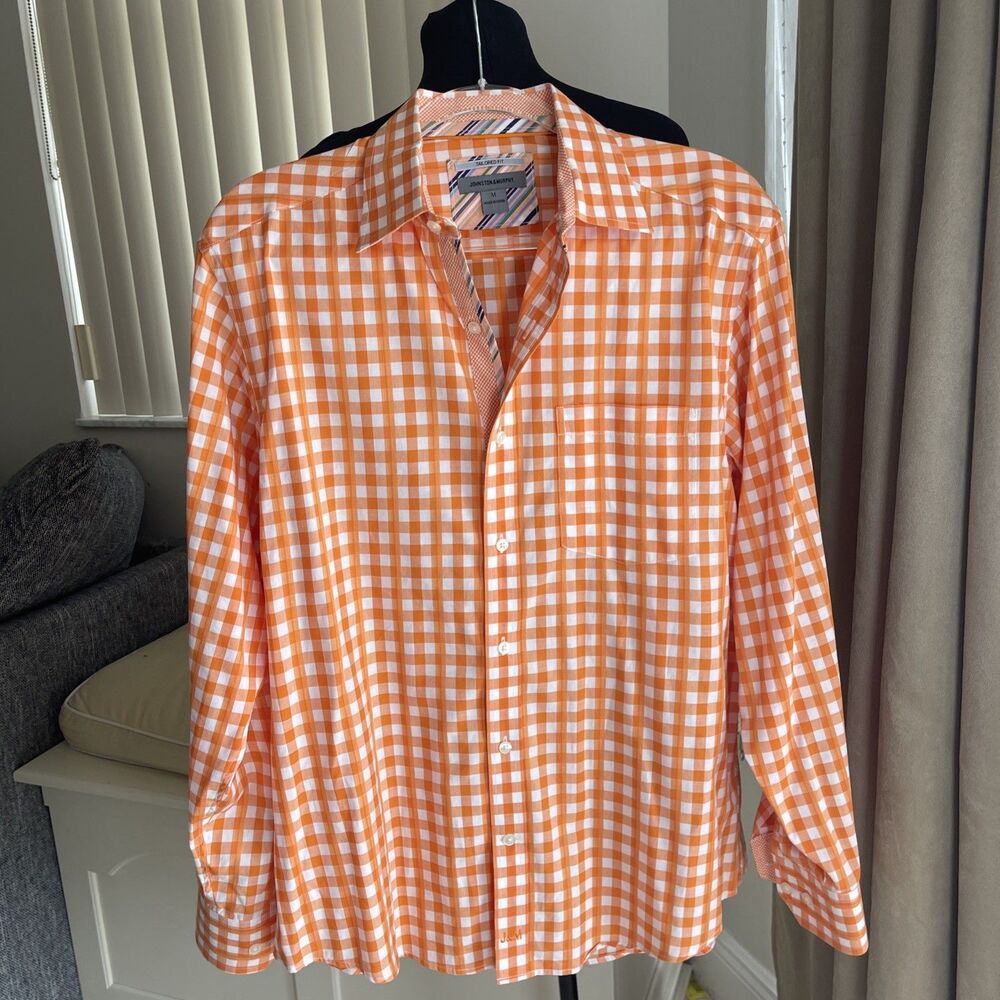 Johnston & Murphy tailored fit Orange Gingham Plaid shirt Contrast Trim Size M